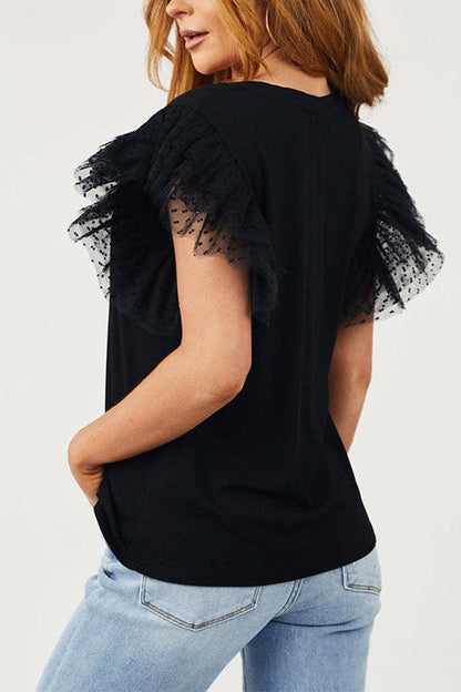 Round Neck Polka Dot Ruffle Short Sleeves Top