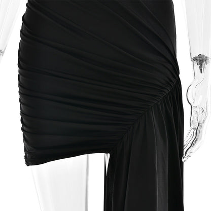 Mock Neck Sleeveless Ruched Asymmetric Side Train Mini Dress