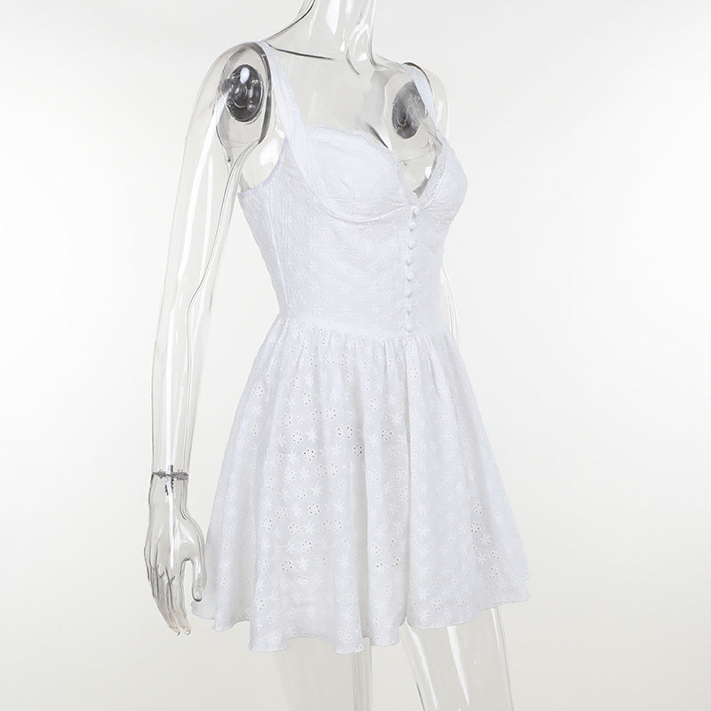 Eyelet Lace Corset Button Front Sweetheart Flared Mini Dress