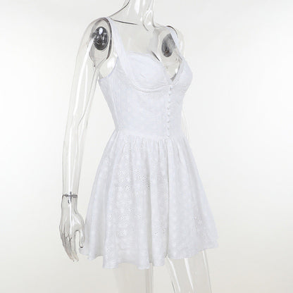 Eyelet Lace Corset Button Front Sweetheart Flared Mini Dress