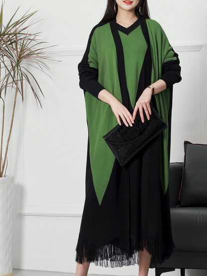 V Neck Long Sleeve Geometric Color Block Fringe Knit Maxi Dress with Scarf