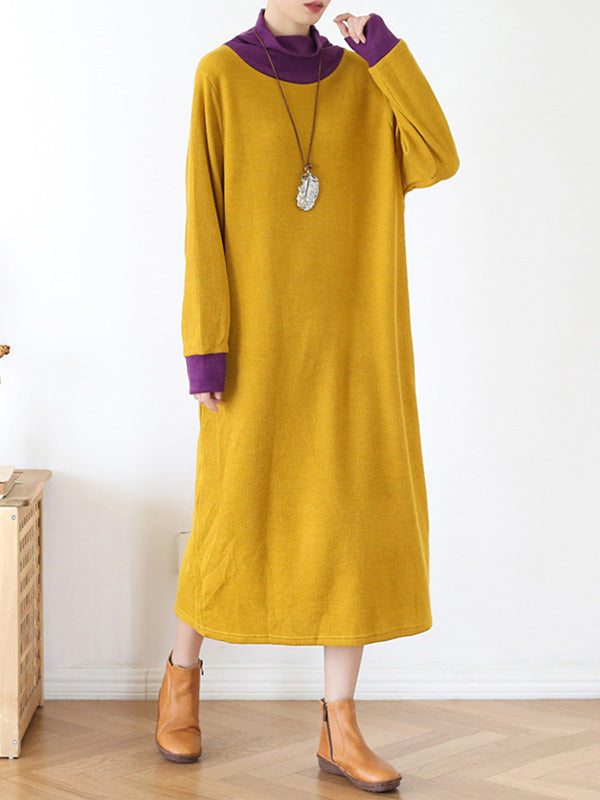 Crew Neck Long Sleeve Layered Look Oversized Pocket Midi Dress