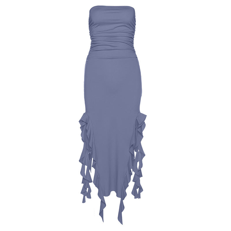 Strapless Ruched Double Slit Ruffle Hem Midi Dress