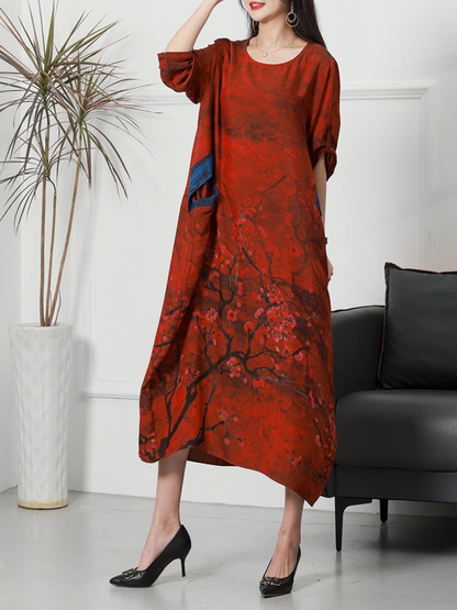 Round Neck Three Quarter Sleeve Blossom Print Pocket Midi Dress