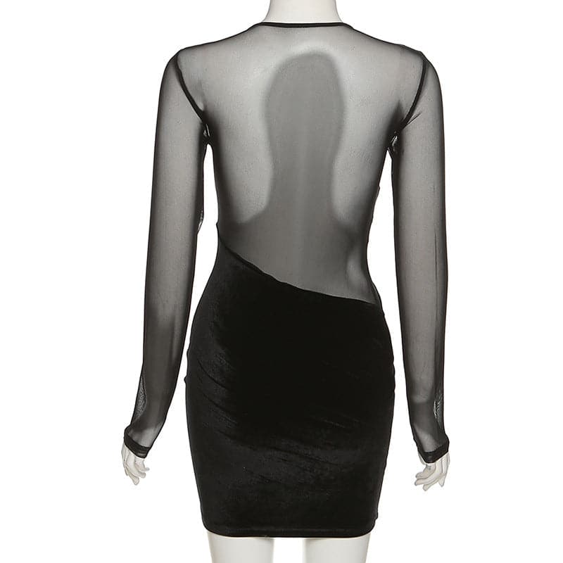 Mesh Velvet Diagonal Panel Low Cut Long Sleeve Mini Dress