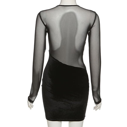 Mesh Velvet Diagonal Panel Low Cut Long Sleeve Mini Dress
