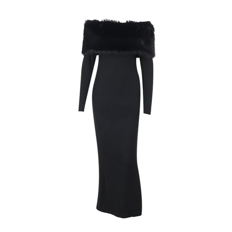 Off Shoulder Faux Fur Trim Long Sleeve Bodycon Maxi Dress