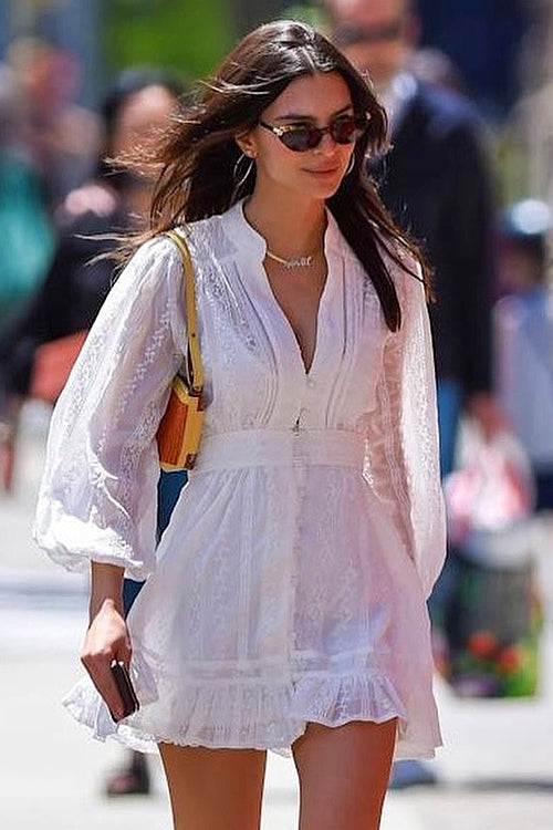 V Neck Long Sleeve Crochet Lace Button Front Belted Babydoll Mini Dress