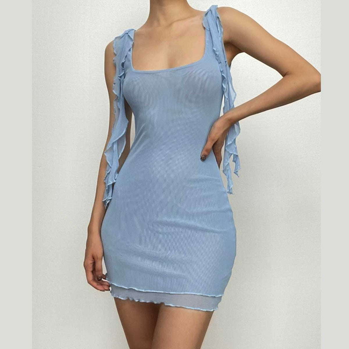 Square Neck Ruffled Strap Sheer Mesh Lettuce Hem Bodycon Mini Dress