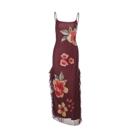 Spaghetti Strap Scoop Neck Side Ruffle Trim Floral Maxi Dress
