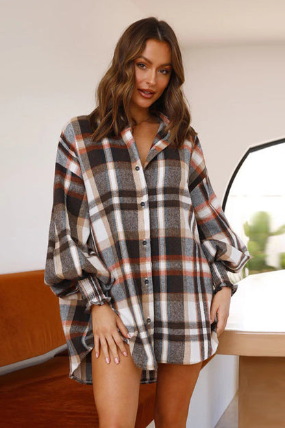 Plaid Oversized Balloon Sleeve Button Front Shirt Mini Dress