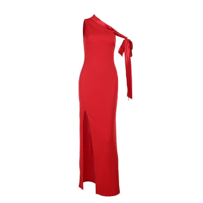 One Shoulder Bow Shoulder High Slit Column Maxi Gown