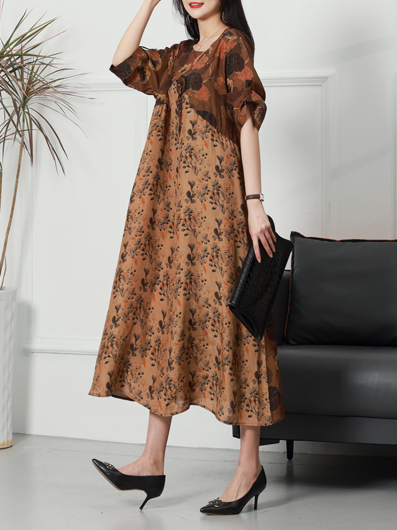 Round Neck Three Quarter Sleeve Floral Print Relaxed Midi Dress
