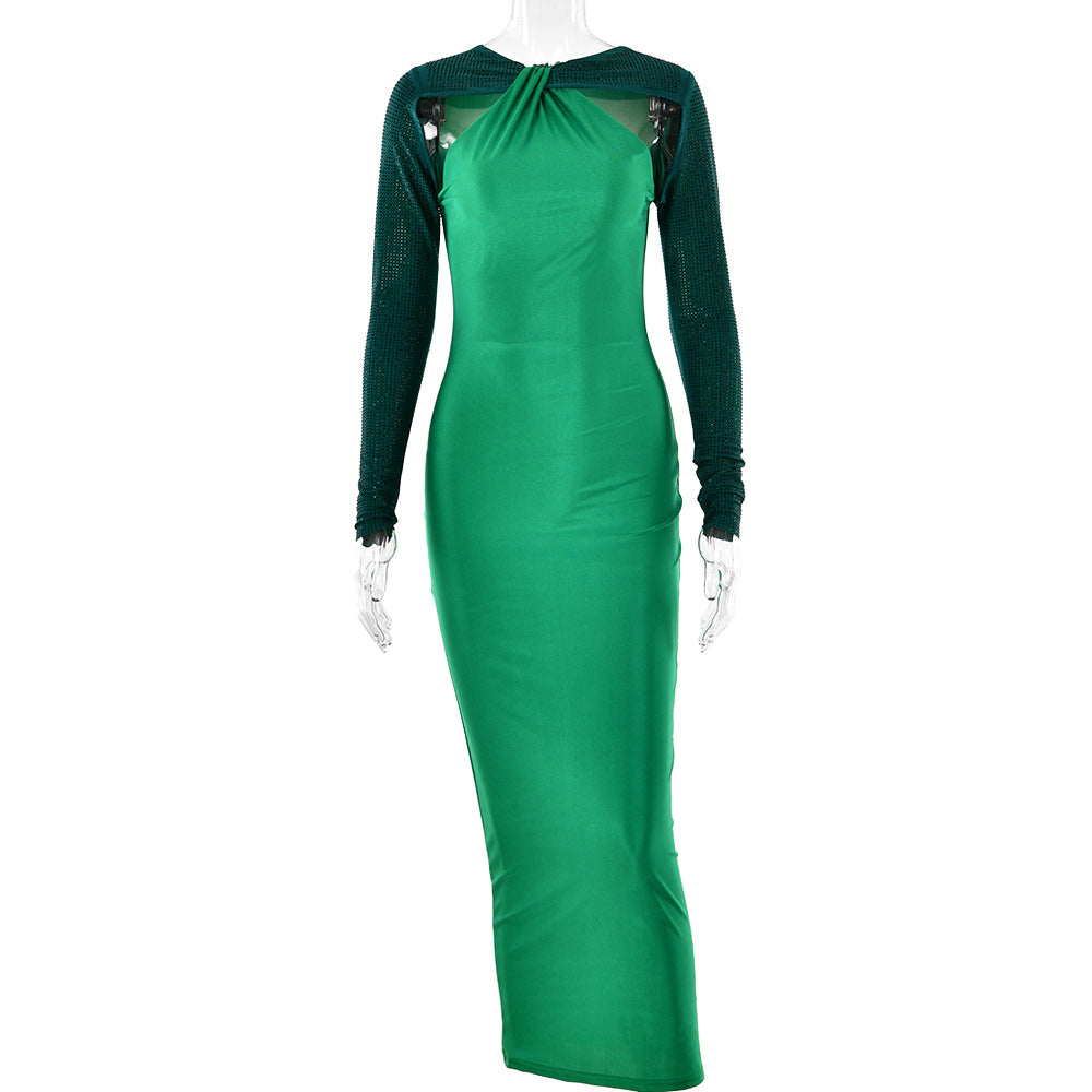 Halter Neck Rhinestone Long Sleeve Shoulder Cutout Bodycon Maxi Dress