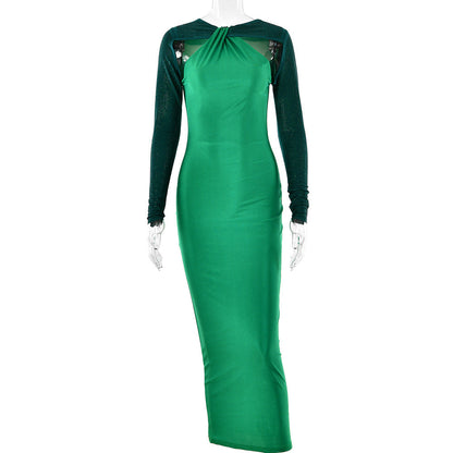 Halter Neck Rhinestone Long Sleeve Shoulder Cutout Bodycon Maxi Dress