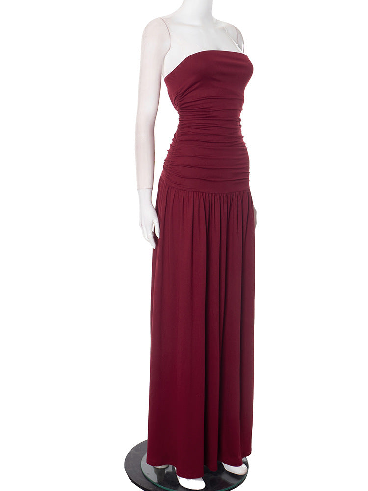 Strapless Ruched Bodice Flowy Gathered Skirt Floor Length Maxi Dress