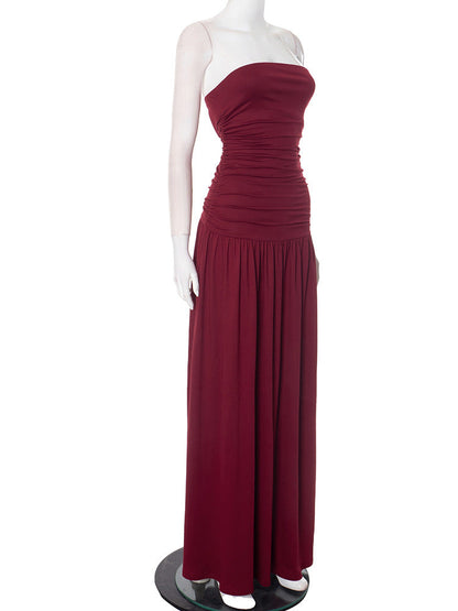 Strapless Ruched Bodice Flowy Gathered Skirt Floor Length Maxi Dress