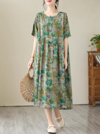 Round Neck Short Sleeve Abstract Watercolor Diagonal Gathered Midi Dress