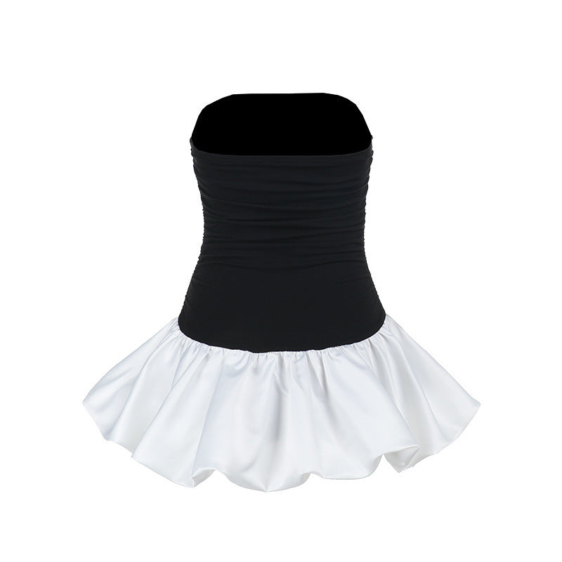 Strapless Ruched Bubble Hem Colorblock Mini Dress