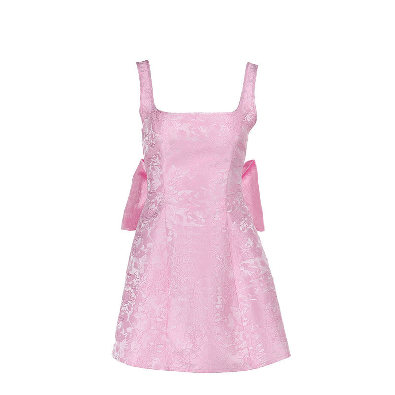 Square Neck Jacquard Brocade Floral Oversized Bow Back Skater Mini Dress