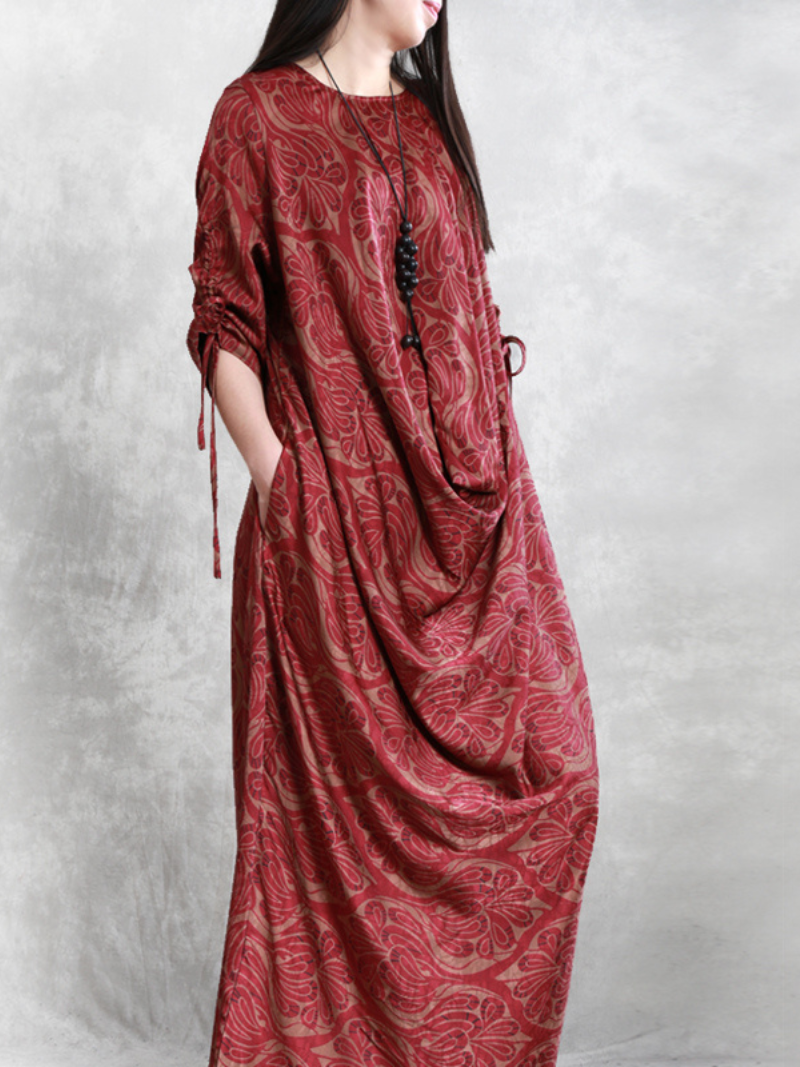 Crew Neck Drawstring Cuff Paisley Print Draped Front Pocket Maxi Dress
