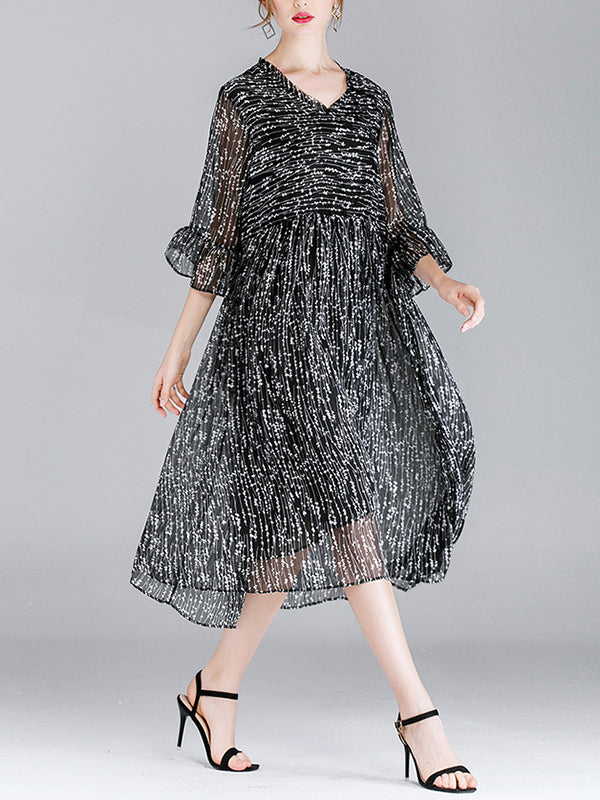 V-Neck Tiered Bell Cuff Empire Waist Pleated Dotted Midi Dress