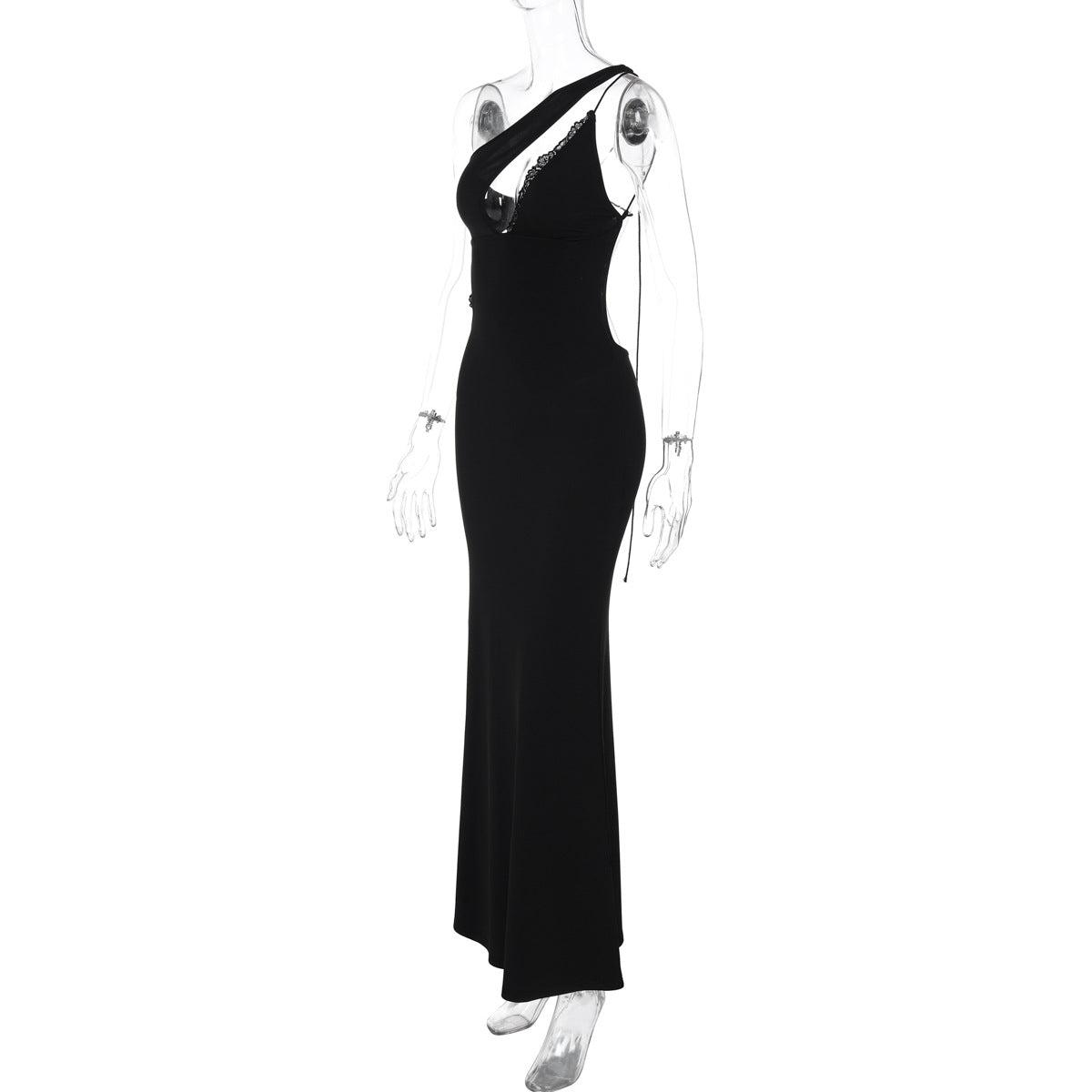 One Shoulder Lace Trim Cutout Side Slit Bodycon Maxi Dress
