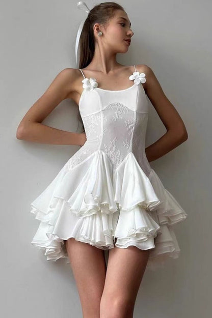 Ganili Spaghetti Sheer Charming Ruffle Mini Dress