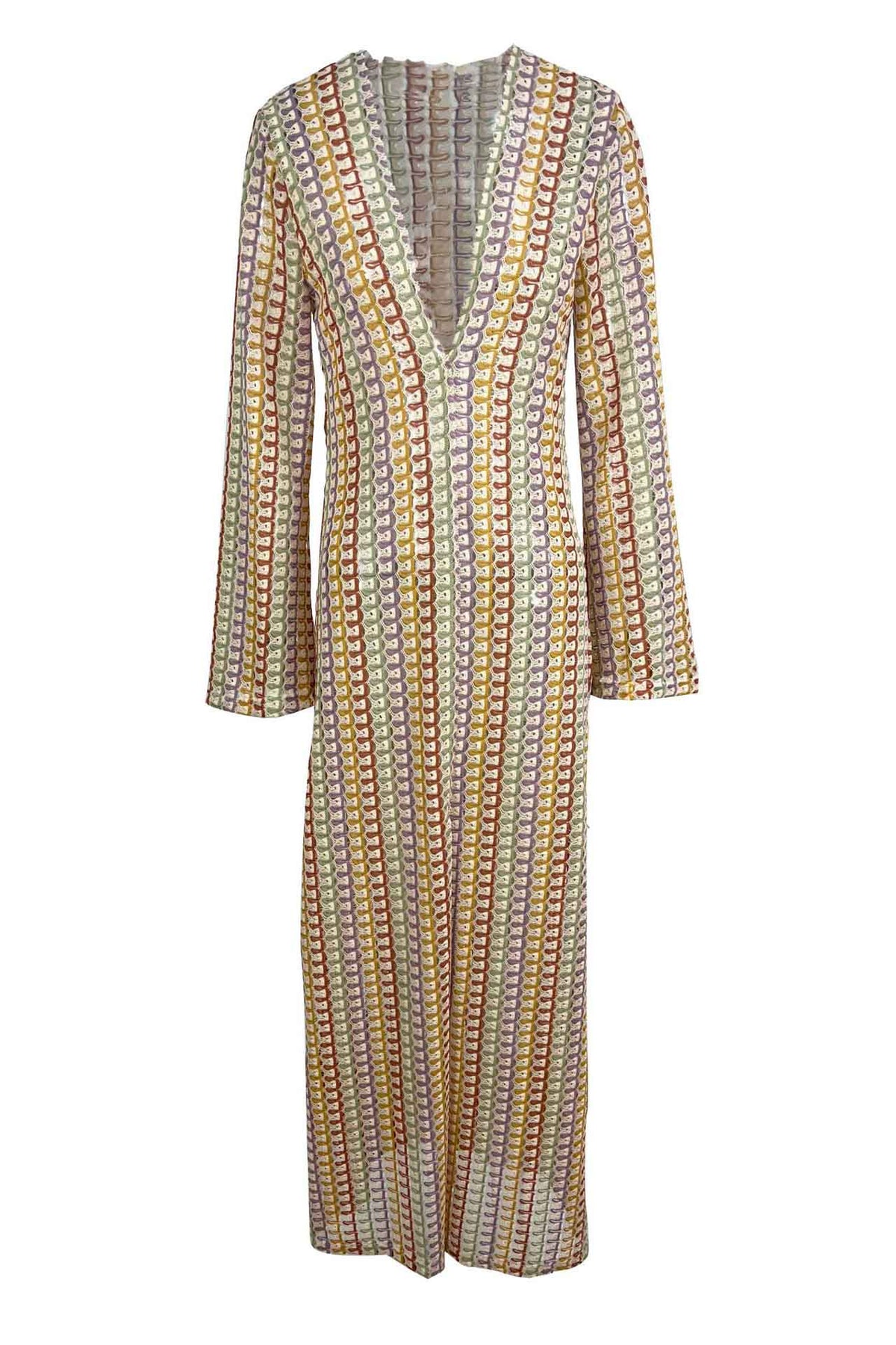 Scallop Circle Print Deep V-Neck Long Sleeve Front Slit Maxi Dress