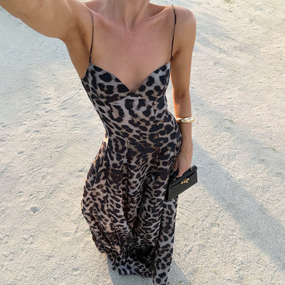 Spaghetti Strap Corset Sweetheart Print Flared Maxi Dress