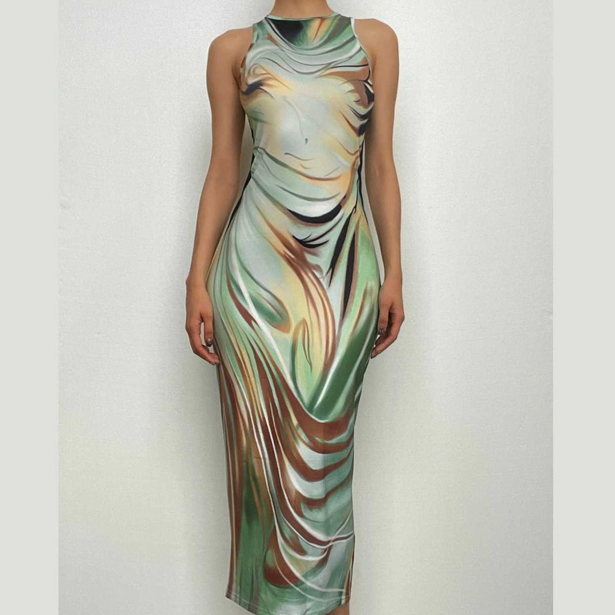 Crewneck Abstract Swirl Body Contour Print Maxi Dress