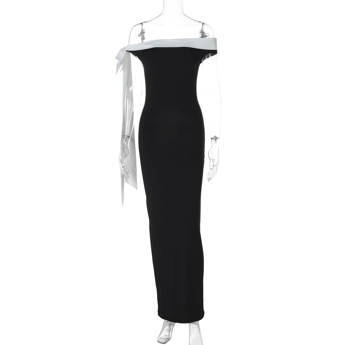 Off Shoulder Oversized Bow Sash Column Maxi Gown