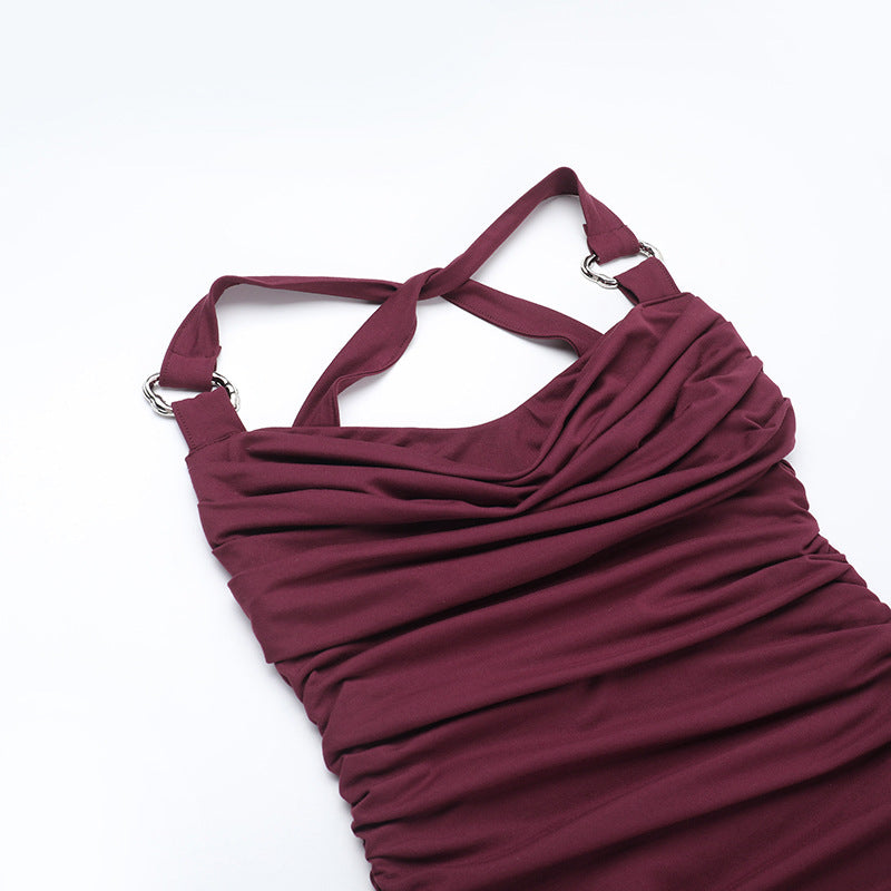 Cowl Neck Buckle Strap Ruched Bodycon Maxi Dress