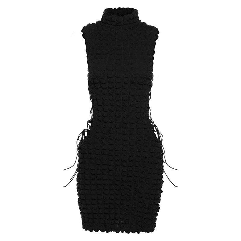 Mock Neck Sleeveless Popcorn Knit Side Lace-Up Cutout Mini Dress