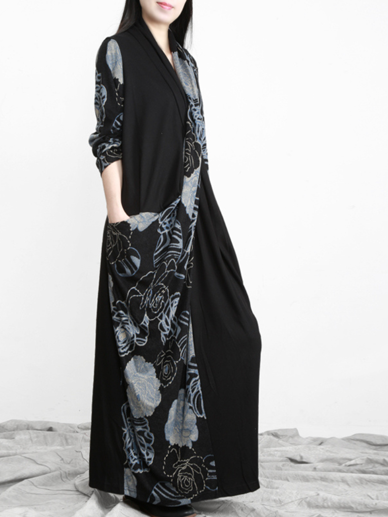 Wrap V Neck Asymmetric Floral Drape Long Sleeve Maxi Dress