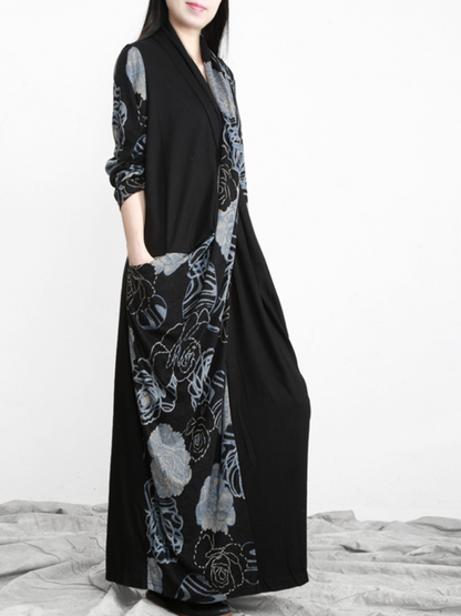 Wrap V Neck Asymmetric Floral Drape Long Sleeve Maxi Dress
