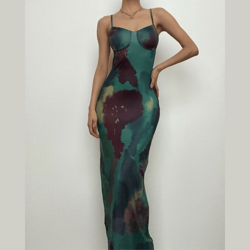 Sweetheart Spaghetti Strap Abstract Watercolor Print Bodycon Maxi Dress