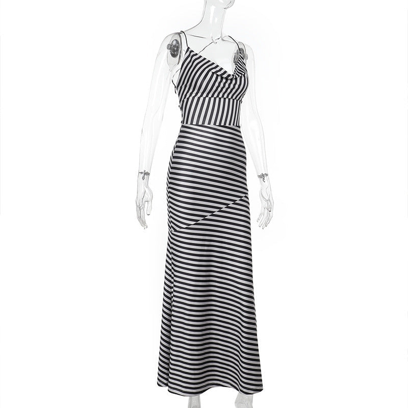 Cowl Neck Spaghetti Strap Chevron Stripe Bodycon Maxi Dress