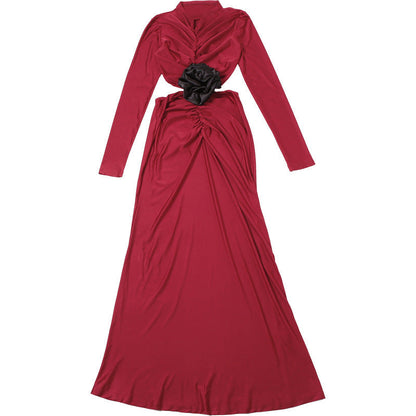 Deep V-Neck Long Sleeve Side Cutout Rosette Waist Ruched Maxi Dress