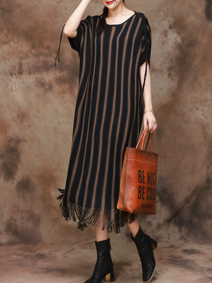 Round Neck Drop Shoulder Striped Fringe Hem Knit Maxi Dress