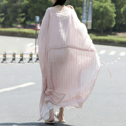 Round Neck Sheer Striped Batwing Sleeve Drawstring Back Maxi Dress