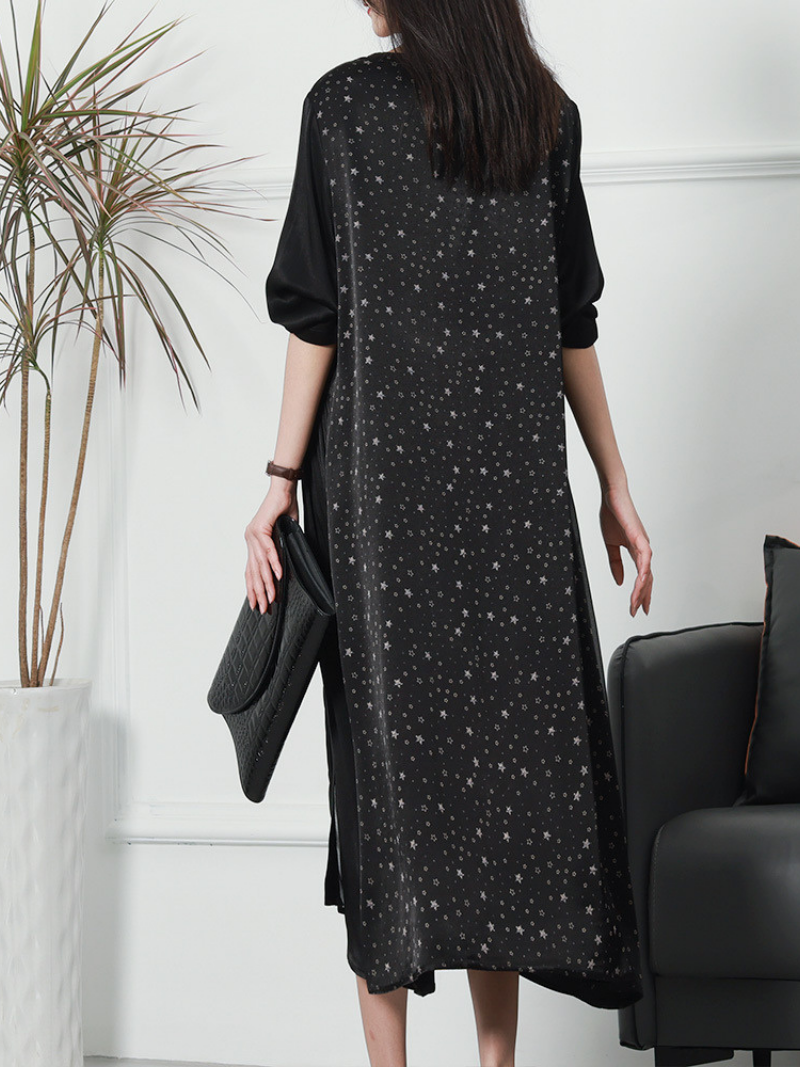 V Neck Three Quarter Sleeve Star Print Color Block Maxi Dress