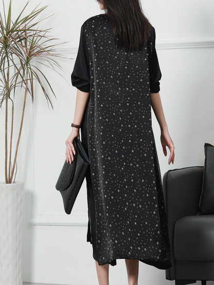 V Neck Three Quarter Sleeve Star Print Color Block Maxi Dress