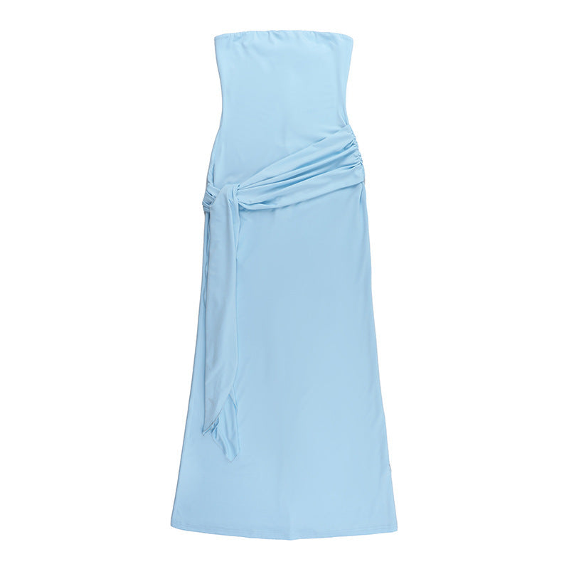 Strapless Ruched Hip Sash Drape Mermaid Column Maxi Dress