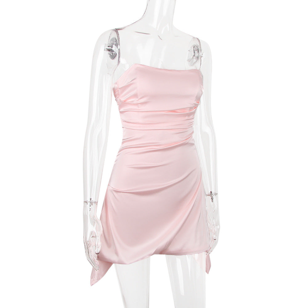 Strapless Ruched Satin Handkerchief Hem Mini Dress