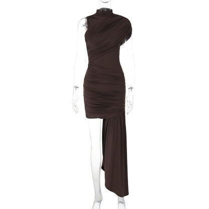 Mock Neck Ruched Asymmetric Train Mini Dress