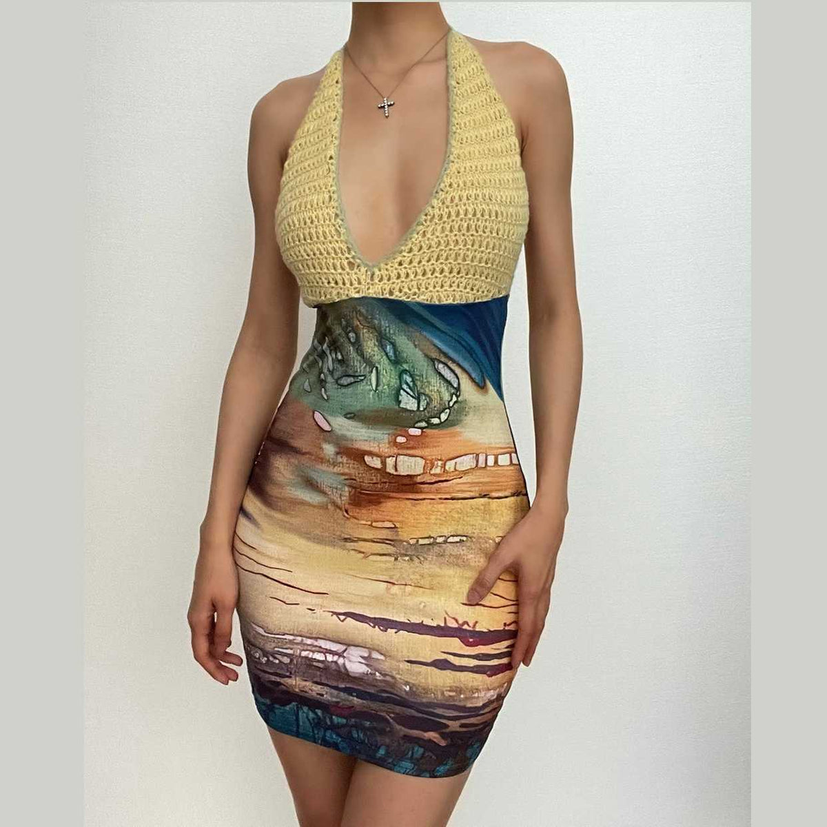 Crochet Halter Plunging Neck Abstract Landscape Print Mini Dress