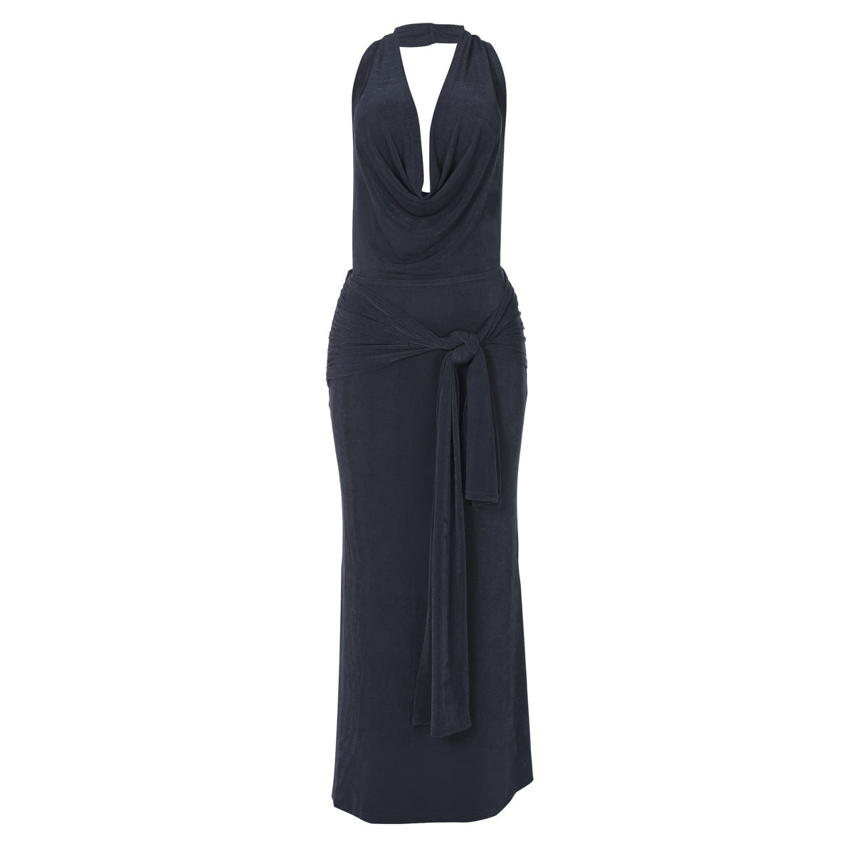Halter Neck Cowl Drape Side Sash Shimmer Column Maxi Dress