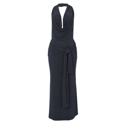 Halter Neck Cowl Drape Side Sash Shimmer Column Maxi Dress