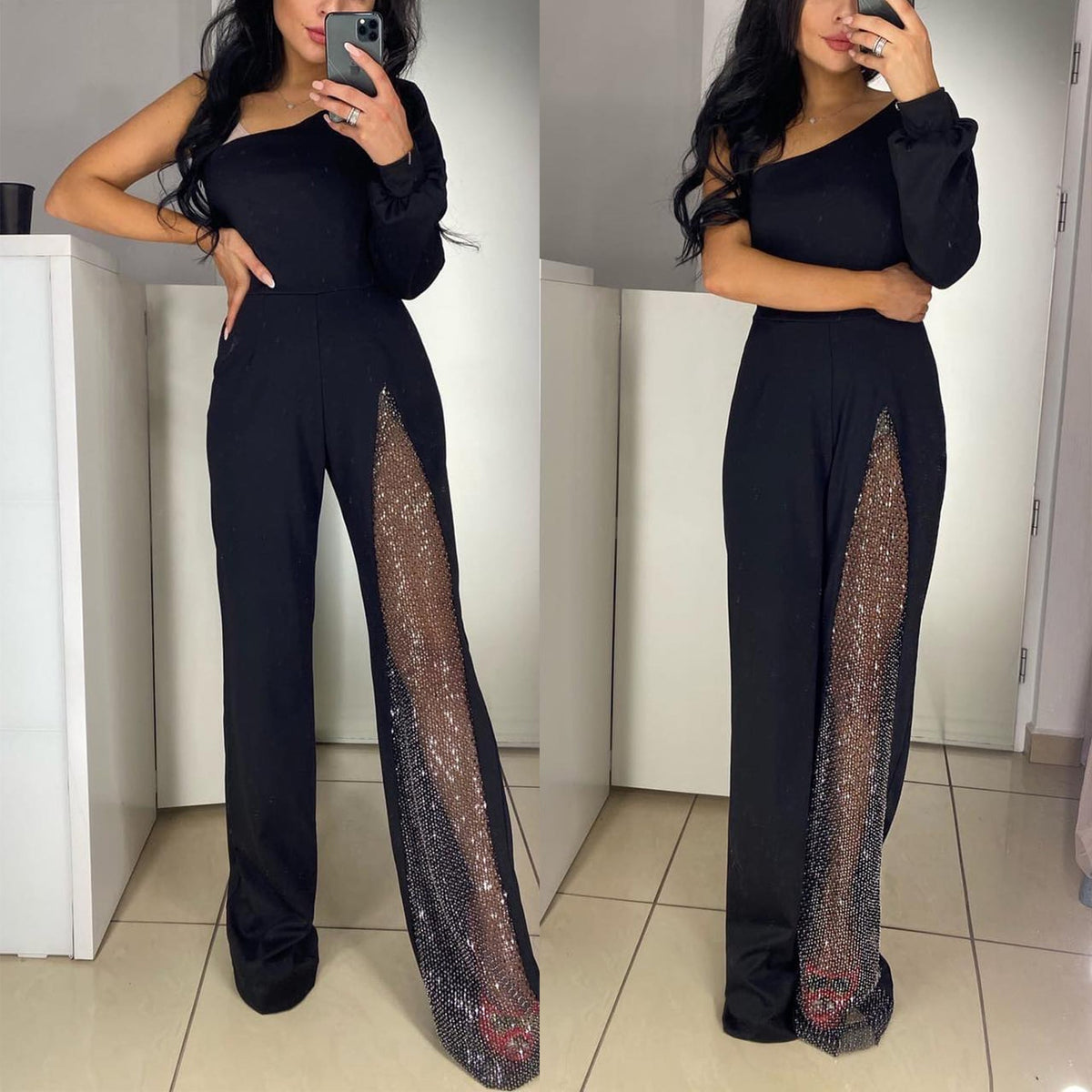 One Shoulder Long Sleeve Patchwork Wide Leg Jumpsuit